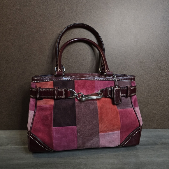 Vintage Coach Hampton Mosaic Patchwork Pink & Red Suede And Leather F11218 - Picture 1 of 10